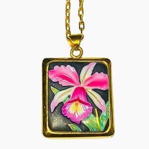 Vintage Toshikane Orchid Porcelain Pendant locket‎ necklace